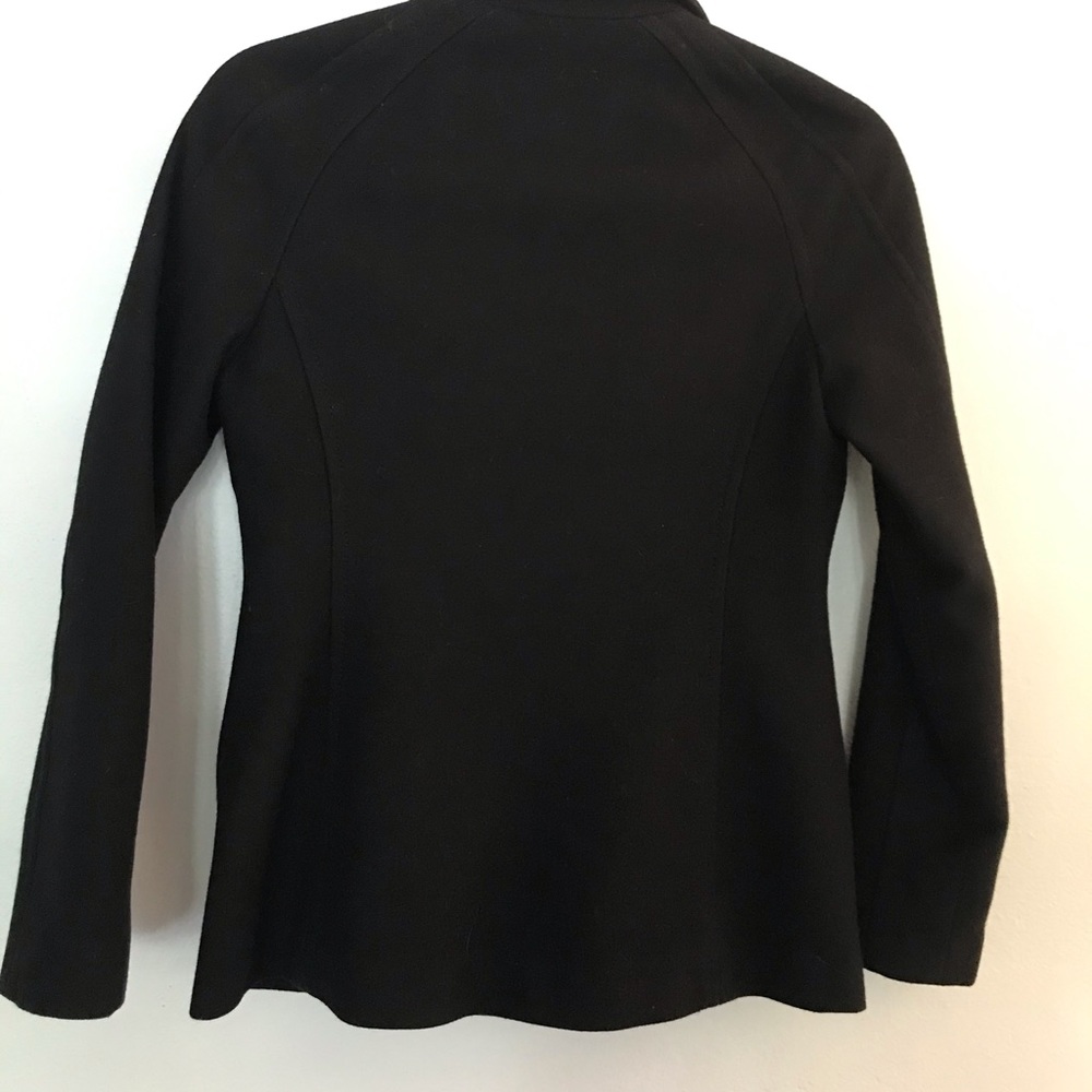 Black double breasted wool blend jacket.